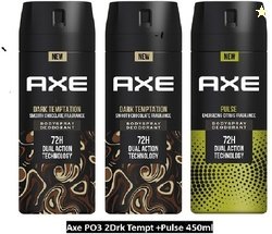 AXE two pack of Dark Temptation 150 ml and one Pulse 150 ml Deodorant.