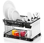Plastic 2 Layer Foldable Kitchen Dish Drainer Organizer Storage Rack with Water Storing Tray, 51 x 33 x 27 Centimeters, Grey