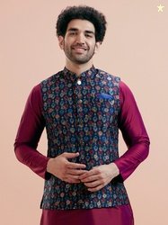 KISAH Floral Printed Mandarin Collar Woven Nehru Jacket With Pocket Sq