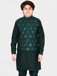 CAVIO Boys Green Solid Thread Work Cotton Blend Kurta Set