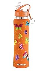 NIRLON Flip Bot Stainless Steel Rubber Finish Water Bottle With Straw Lid For Fridge, School,Gym,Home,Office,Boys, Girls, Kids, Leak Proof(Uv Printed Bottle|Butterflies|Sipper Cap), 750 ML