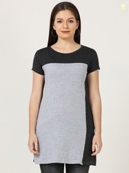 Fleximaa Grey & Black Colourblocked Longline Pure Cotton Top