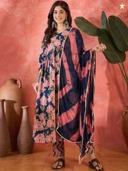 Sangria Printed Pure Cotton V-Neck A-Line Kurta & Trousers With Dupatt