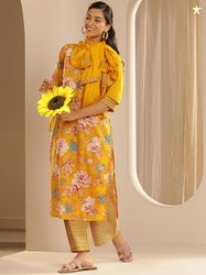 Libas Floral Printed Pure Cotton Straight Kurta With Palazzos & Dupatt