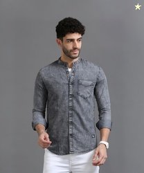 PRINTOUT Men Regular Fit Washed Mandarin Collar Casual Shirt