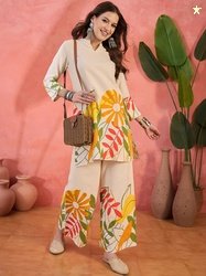 Sangria Floral Printed Pure Cotton Tunic With Palazzos