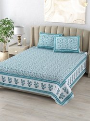 DE CAMA Blue Floral Pure Cotton 300 TC King Fine Bedsheet with 2 Pillo