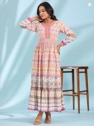 Juniper Off White Ethnic Motifs Printed Gathered Smocked Maxi Dress