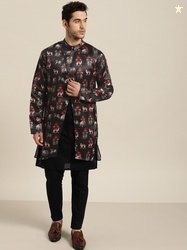 SOJANYA Men Black & Red Quirky Print Longline Tailored Jacket