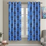 Cortina Floral Light-Filtering Polyester Curtains 9 feet Long Set of 2 for Long Door [ Opacity: 50-60%, Color: Blue, Printed Curtain -130 GSM ]