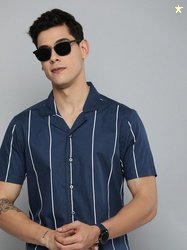 Harvard Men Navy Blue & White Striped Casual Cotton Shirt