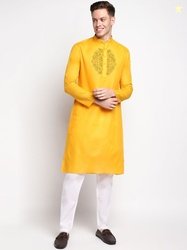 PulseIQ Ethnic Motifs Printed Mandarin Collar Straight Cotton Kurta
