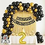 2nd Birthday Decoration Items Golden Black Theme Combination for Boys Girls | 50 Pc Gold Black Balloon | 2 Pc Gold Foil Curtain| Black Birthday Banner | Pump | Arch Tape | Glue Dots