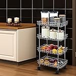 Solimo 4-Layer Stainless Steel Kitchen Storage Rack | Folding Vegetable & Fruit Basket | Onion Potato Organizer Trolley with Wheels (22.3cm*39cm*77cm, Silver)