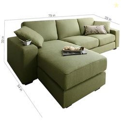 FURNY Junno 4 Seater Fabric LHS L Shape Sofa Set (Green)