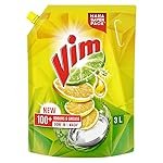 Vim Dishwash Liquid 3 L pouch | Removes 100+ Odours & Grease in 1 wash | With the power of 100 Lemons
