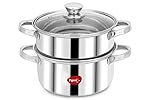 Pigeon By Stovekraft Steel X Steamer Stainless Steel Induction Base, Modak Maker/Momo Maker, Dual Compartment With Glass Lid, 4.6L Capacity, Silver, 4.6 litres