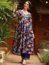 QISSA V Neck Floral Printed Gotta Patti Empire Pure Cotton Kurta with
