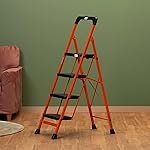 BonKaso Premium Steel Multipurpose Climb Easy Anti-Slip 4-Step Foldable Ladder with Safety Clutch Lock, Support Handle and Tool Tray for Home – (Orange & Black)