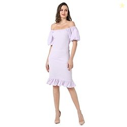 Campus Sutra Women's Lilac Puff-Sleeved Creased Dress for Casual Wear