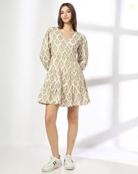 DNMX Women Floral Print V-Neck Tiered Dress