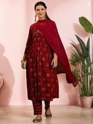 Sangria Printed Organic Cotton Anarkali Kurta With Trouser & Dupatta
