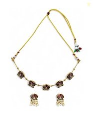 ANTIQUE JEWELLERY Women Gold-Plated Minakari Lotus Necklace with Earri