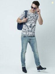 Huetrap Men White & Black Printed Round Neck T-shirt