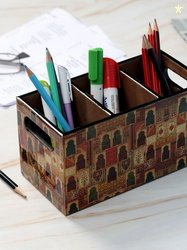 DULI Brown & Yellow Ethic Motif Printed MDF Wooden Pen Stand With 3 Se