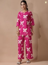 SZN Women Pink Floral Printed Cotton Tunic & Trousers Co-Ords