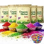 GRAPHENE 5 Pack Holi Herbal Gulal Colour Powder for Kids Organic Phool Color Holi Gift Combo & 100 Water Balloons Non-toxic Natural Skin Safe Abeer Gulaal Yellow Red Blue Orange Purple (5Ã80gm)