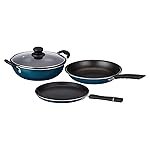 Solimo Aluminium â 3 Pcs Non Stick Cookware Sets, Tawa 25 Cm, Kadhai 24 Cm with Glass Lid, Fry Pan 24 Cm (Peacock Green)