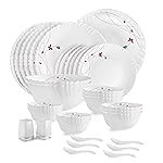 Cello Opalware Dazzle Series Lush Fiesta Dinner Set, 35 Units | Opal Glass Dinner Set for 6 | Light-Weight, Daily Use Crockery Set for Dining | White Plate and Bowl Set