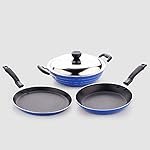 Crystal Induction Base Nonstick Cookware Set – 4-Pcs | Tawa 250 mm + Fry Pan 225 mm + Kadai 225 mm + Glass lid 225 mm | Thickness- 3mm