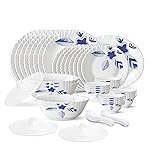 Larah by Borosil Morning Glory Silk Series Opalware Dinner Set | 47 Pieces for Family of 8 | Microwave & Dishwasher Safe | Bone-Ash Free | Crockery Set for Dining & Gifting | Plates & Bowls | White