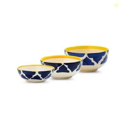 KitchEase Moroccan Print Blue Ceramic Bowls Set of 3, Microwave & Dish