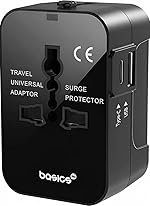 Basics India Universal Travel Adapter with Surge Protection & USB-C Charging â All-in-One Global Power Converter/Compatible with Smartphones, Laptops, Camera, Mobiles, Tablets (Black)