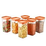 Home Puff Air Tight Containers Set (Pack Of 6, 1100ML) | Plastic Food Storage Jars | BPA-Free, Dishwasher Safe, Stackable Pantry Organizer for Kitchen Grains, Pulses, Cereal & Dry Fruits (Orange)
