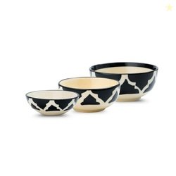 KitchEase Moroccan Print Black Ceramic Bowls Set of 3, Microwave & Dis
