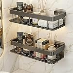 Bathroom Shelf Wall Mount, No Drill Space Aluminum Rack with Hooks for Shampoo Holder, Kitchen Storage Organizer, Multipurpose Rectangular Shelves (Aluminium, 2)