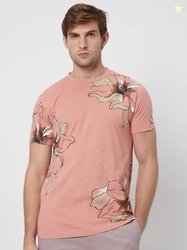 MUFTI Men Printed Round Neck Pure Cotton Pink T-Shirt