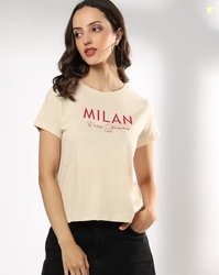 DNMX Women Milan Typographic Print Relaxed Fit Round-Neck T-Shirt