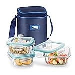 Treo by Milton All Fresh Square Glass Tiffin Containers With Insulated Jacket, 3 Containers, 320 ml Each, Blue | Microwave Safe | Ovensafe | Stackable | Leak Proof | Office | School | College | Picnic