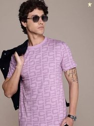 French Connection Men Printed Round Neck Pure Cotton Purple T-Shirt