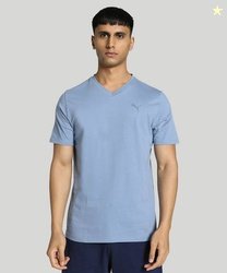 PUMA Men Solid V Neck Pure Cotton Blue T-Shirt