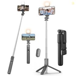 Kratos 28 Inch Selfie Stick Tripod Stand with Light, 3-in-1 Multifunct