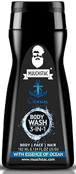 Muuchstac Ocean 3-in-1 Body Wash for Men | Clear Skin, Controls Sweat, Fights Body Acne & Bad Odour, Shower Gel for Long-Lasting Fresh | 182 ml