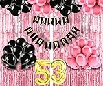 53rd Birthday Decoration items for Girls with Black and Pink Balloons, Black Happy Birthday Banner, Pink Foil Curtain, Foil Balloon number 53