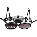Pigeon Mio Nonstick Aluminum Cookware Gift Set, Includes Flat Tawa, Fry Pan, Kadai with Glass Lid, Kitchen Tool Set, Black, 8 Pieces