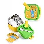 Stainless Steel Box with Spoon, Tiffin Box for Kids, Airtight BPA Free & Leakproof Lunch Box, Steel Box for School Girls and Boys, Snacks Tiffin for Kids, 500 ML, Yellow & Green